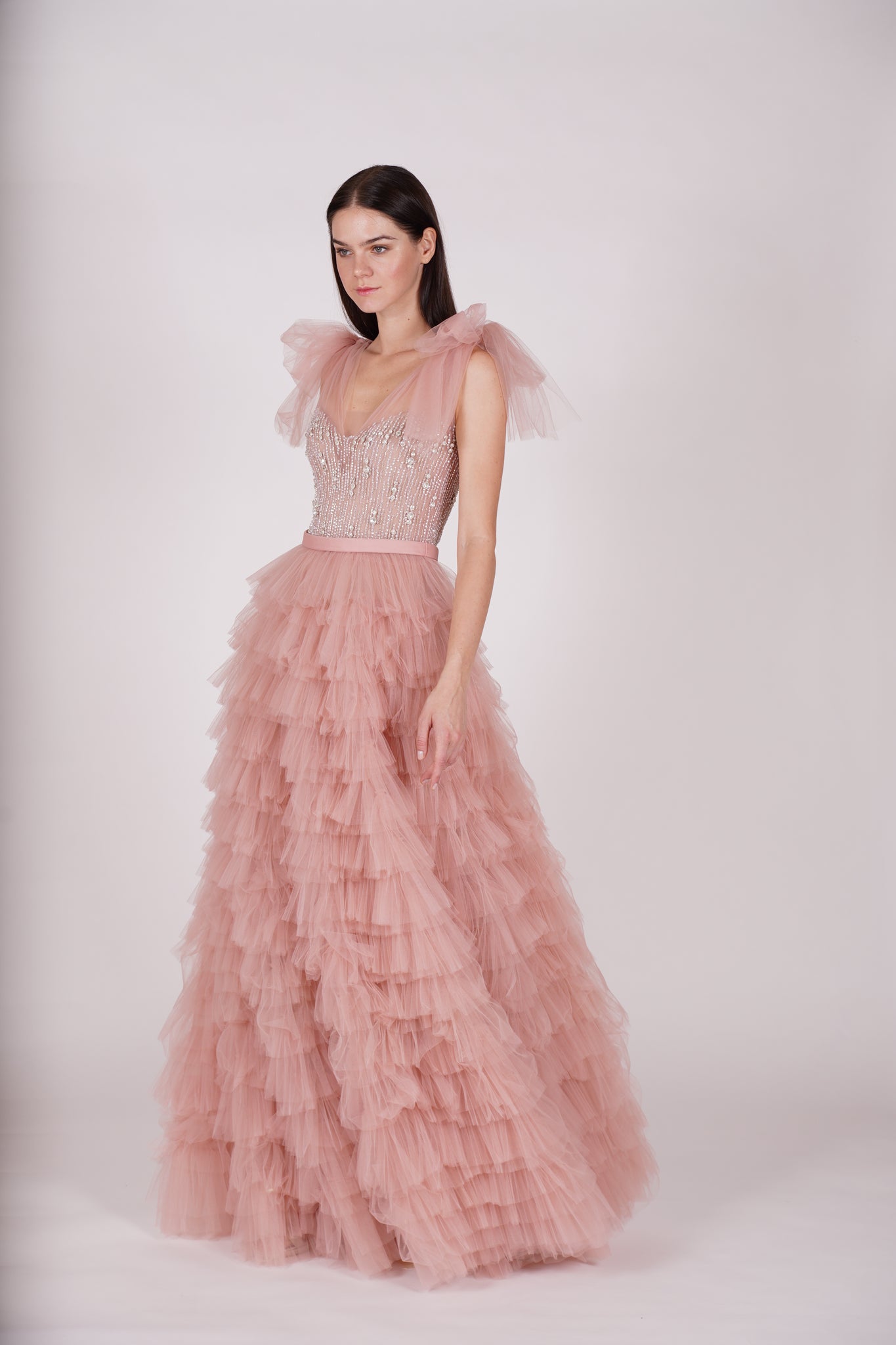 Dusty Pink Ruffled Tulle Dress Hanayen Couture Dusty Pink Ruffled Tulle Dress Hanayen Couture