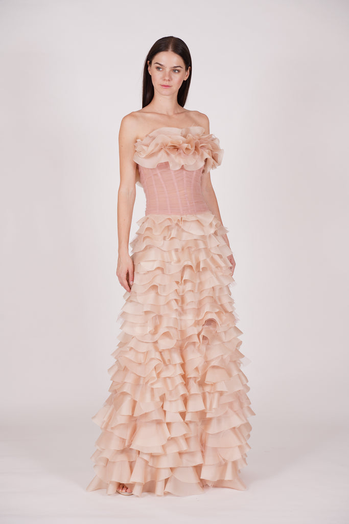 パーティードレス Freja Organza Lace Beige Dress Beige tone front open organza dress with pearl, zari and