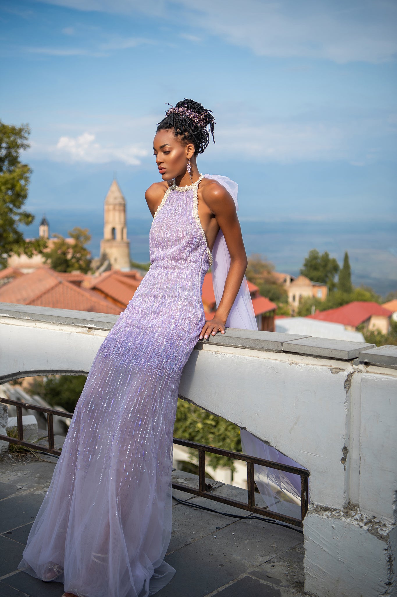 Tulle Dress Couture Halter Neck Lilac Sequined Tulle Dress